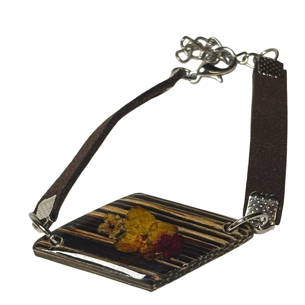 Pressed Flower Resin Pendant Bracelet Brown Cord Botanical Nature Jewelry 6.5”